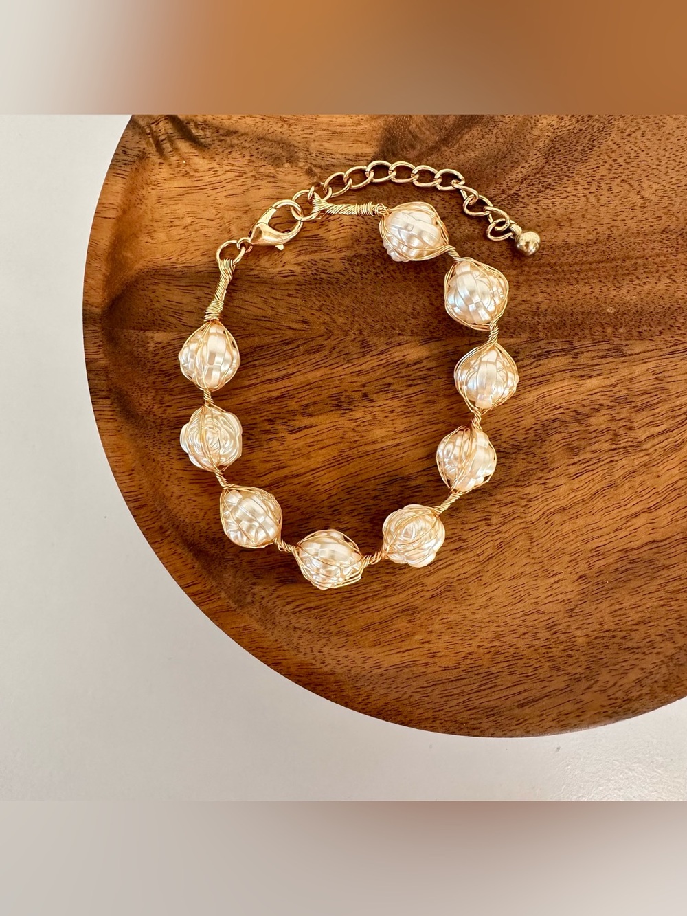Handmade Faux Pearl Rose Flower Beaded Wire-Metal Work Bracelet